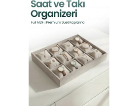 Resim Handanca 12 Bölmeli Kadife Saat ve Bileklik Kutusu - Takı Organizeri - Krem 