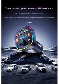 Resim Bluetooth Araç Çakmaklık Fm Transmitter Işıklı Mp3 Çalar Type-c Hızlı Şarj Araç Şarj Cihazı 