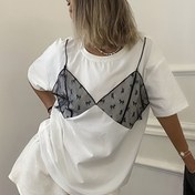 Resim Kadınlar İçin Y2K Dantel Detaylı Yuvarlak Yaka T-Shirt - Kontrast Dantel ve Düz Renk Kısa Kollu Üst, Orta Esneklikte Makinede Yıkanabilir İlkbahar Yaz Sonbahar Modası, Şık Dantel Detayı, Rahat Kesim 