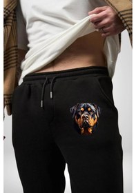 Resim Angemiel Rottweiler Kafası Pamuklu 3 İplik Siyah Eşofman Altı Erkek Oversize Kesim Dijital Baskılı Siyah 