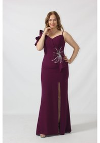 Resim Moda Berray 21927 Mürdüm Omuzu İki Katlı Beli Taş İşlemeli Kadın Büyük Beden Abiye Elbise Mürdüm 