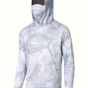 Resim Erkekler için Beyaz Kapüşonlu Güneş Koruma Gömleği - Hızlı Kuruyan, Dar Kesim, Maske ile Uzun Kollu, Balıkçılık, Sörf, Yürüyüş ve Açık Hava Etkinlikleri için Mükemmel | Nefes Alabilen Esnek Kumaş, Rastgele Balık Baskı Tasarımı 