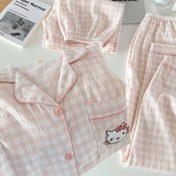 Resim Pijama Kadınlar Yaz için for hello kitty Kısa Kollu Şort Uzun Pantolon Büyük Beden Dış Giyim Sevimli Karikatür Tatlı Ev Giyim Seti Kadınlar Üç Parça Set Yaz Fırsatı Etkinlik 