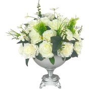 Resim Yapay Çiçek Aranjmanı Beyaz Güller Metal Gümüş Vazolu Masa Üstü Çiçeği Arajman 