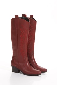 Resim ÜNAL ÖZER Kadın Bordo Cilt Western Nakışlı Sivri Burunlu Günlük Çizme Un001-0218 Bej Süet 