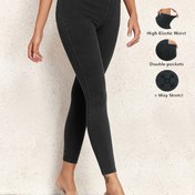 Resim Kadın Şık Yüksek Bel Uyluk İnceltici Suni Kot Jegging - Polyester Karışımı (%88 Polyester, %12 Elastan), Düz Renk, Dokuma, Cep Detaylı, Orta Destek - 1 Adet Koleksiyonu 