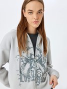 Resim Uzun Kollu Fermuarlı Kapüşonlu Baskılı Rahat Kalıp Sweatshirt 