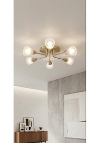 Resim E27 Mat Altın Gold 5 Kollu Modern Avize Opal Beyaz Konik Cam Tava Siyah 