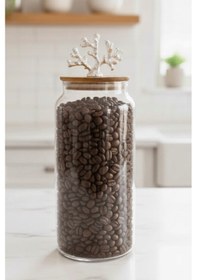 Resim 1400 Ml Borosilikat Cam Kavanoz - Gümüş Mercan Figür Bambu Kapaklı Lüks Saklama Kabı Şeffaf 