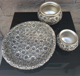 Resim Dekoratif Polyester Üçlü Tabaklı Papatyalı Vazo Seti Gümüş 