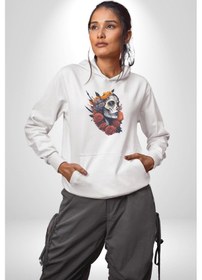 Resim Maske Dövmeli Çiçekli Kız Kadın Erkek Beyaz Kapüşonlu Sweatshirt Hoodie Beyaz 
