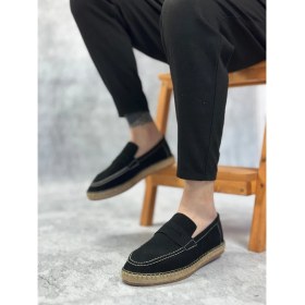 Resim ET0359 Doğal Deri Tozu Bağcıksız Kauçuk El Yapımı Espadril Taban Siyah Renk Erkek Ayakkabı 
