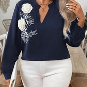 Resim Plus Beden, Siyah Çiçek Desenli 3D Süslemeli Şık Kadın Bluz 