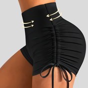 Resim Yan Bağcıklı Yüksek Bel Kadın Yoga Şortları - %92 Polyester, %8 Elastan Yüksek Esneklik, Pürüzsüz Dokulu Yoga ve Antrenman İçin - Düz Siyah 