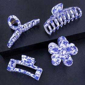 Resim 4 adet Vintage Mavi ve Beyaz Porselen Çiçekli Saç Tokaları Çin Tarzı Tutma Seti Arka Saçlar için, Şık Tasarım ile Büyük Boy Plastik Saç Tokaları Sevgililer Günü için 