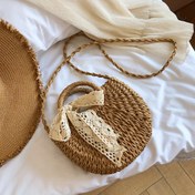 Resim Kadınlar için Günlük Dokuma Üst Saplı Çanta - Sabit Omuz Askılı Düz Renk Saman El Çantası, İpli Kapatma, Polyester Astarlı, Yaz Modası Plaj Çantası 