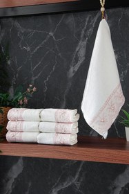 Resim % 100 Pamuklu Kadife Güpürlü İnci Işlemeli 6 lı Çeyizlik El Yüz Havlu Seti - 30x50 cm - 04466 - Pembe 