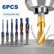 Resim 6 adet Yüksek Hızlı Çelik Tap Seti M3 M4 M5 M6 M8 M10 Kombi Matkap ve Tap Matkap ile Altıgen Shank Mavi Kaplamalı Spiral Konu Taplama Aracı Matkap, Şamferleme ve Karşı Delme için 