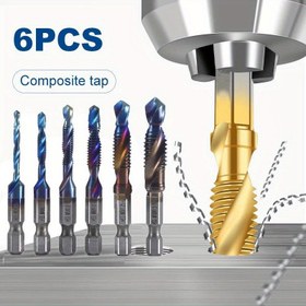 Resim 6 adet Yüksek Hızlı Çelik Tap Seti M3 M4 M5 M6 M8 M10 Kombi Matkap ve Tap Matkap ile Altıgen Shank Mavi Kaplamalı Spiral Konu Taplama Aracı Matkap, Şamferleme ve Karşı Delme için 