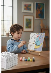 Resim Ay Üzerinde Uyuyan Fil Temalı Çocuk Boyama Tuvali Şövaleli Eğitici Boyama Seti 20x20 Cm 