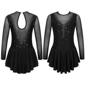 Resim Siyah Çocuk Kız Uzun Kollu Parlak Yapay Elmas Örgü Splice Artistik Patinaj Bale Dans Jimnastik Leotard Elbise Yarışması Giyim Siyah 