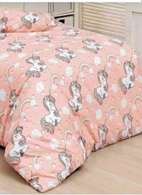 Resim Pamuklu Ranforce Kumaş Çarşafı Lastikli Unicorn Desen Tek Kişilik Nevresim Takımı Somon 