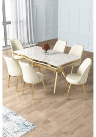 Resim Canisa Concept Prah Serisi 90x160 Lak Panel Beyaz Mermer Desen Gold Ayak Masa Takımı 6 Krem Sandalye Beyaz Mermer Desen Masa Sandalyeler Krem 