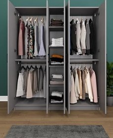 Resim ASRA TREND Kül Gri G-09 5 Kapaklı Gardırop 150x180 cm Çift Askılık Sistemli Raflı Elbise Dolabı Yatak Odası Kıyafet Dolabı%100 MDFLAM 
