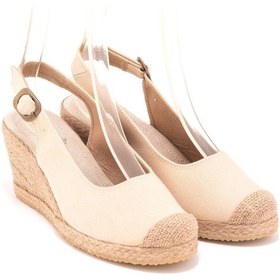 Resim Star Tombis Gerçek Elişi Arkadan Bantlı Topuğu Açık Burnu Hasırlı Keten Espadril Dolgu Topuk Handmade Bej 
