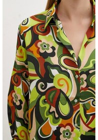 Resim Never More Ebruli Desenli Saten Gömlek Yeşil Yeşil 