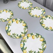 Resim 6 adet Limon Desenli Keten Karışımlı Amerikan Servisi, Yuvarlak, Makinede Yıkanabilir, Dokuma Mutfak ve Yemek Masası Tepsisi Altlıkları, 38,1x38,1 cm 