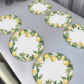 Resim 6 adet Limon Desenli Keten Karışımlı Amerikan Servisi, Yuvarlak, Makinede Yıkanabilir, Dokuma Mutfak ve Yemek Masası Tepsisi Altlıkları, 38,1x38,1 cm 