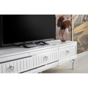 Resim 180 CM KLAS METAL AYAK-MDF MEBRAN KAPAK TV SEHPASI BEYAZ - GÜMÜŞ 