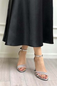 Resim Kids Club Shoes Feles Üç Şerit Taş Detaylı Platform 11 cm İnce Topuklu Kadın Ayakkabı GÜMÜŞ 