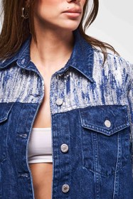 Resim Kadın Mavi Renk 1w5-4 Oversize Pullu Özel Kumaş %100 Koton Tasarım Denim Ceket - Mavi / 40 