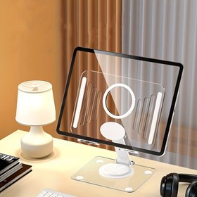 Resim 360° Dönebilen Akrilik Tablet ve Laptop Standı - Ayarlanabilir, Katlanabilir ve Ergonomik Masa Montajı ile Isı Dağılımı için Okuma, Oyun veya Görüşme Videoları İçin, Tablet Tutucu 