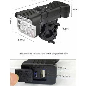 Resim Şarjlı 12 LED Fener Kornalı LCD Ikaz Lambası Işıldak Zil Su Geçirmez Gidon 