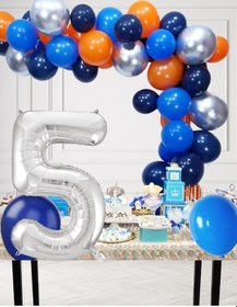 Resim 5 Yaş Kozmik Temalı Doğum Günü Seti Kozmik Mavi Turuncu Gümüş Mavi Balonlar Gümüş Folyo Rakam Çok Renkli 