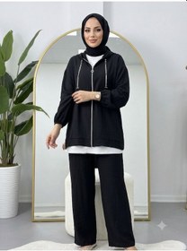 Resim Lovie Moda Kadın Kapüşonlu Fermuar Detaylı Jakarlı Pantolonlu Tesettür Takım Siyah 