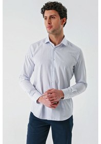 Resim İmza Beyaz Uzun Kollu Çizgili Armürlü Cepsiz Pamuklu Klasik Slim Fit Dar Kesim Gömlek 1004240229-beyaz Beyaz 