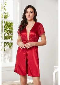Resim Pierre Cardin Saten Dantelli Midi Sabahlık 1020 Kırmızı 001 
