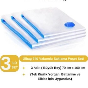 Resim 3 Adet Vakumlu Poşet Seti 70 Cm X 100 Cm Büyük Boy Yastık, Battaniye, Elbise Vakumlu Hurç Şeffaf 
