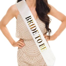 Resim Beyaz Üzeri Altın Büyük Bride To Be Yazılı Simli Işıltılı Kuşak Kemer 10 cm Genişlik - Lisinya 