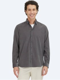 Resim Gri Çizgili Regular Fit Dokuma Kadife Casual %100 Pamuk Gömlek Gri 