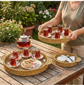 Resim Bucuks İç İçe Geçebilen 3 Lü Yuvarlak Plastik Rattan Tepsi Seti-hasır Görünümlü Çok Amaçlı Servis Ve Sunum Tepsileri 