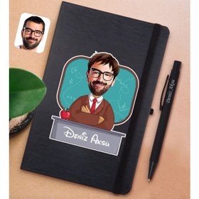 Resim Bk Gift Kişiye Özel Erkek Öğretmen Karikatürlü Siyah Defter ve Metal Versatil Kalem(0,7 Kurşun) Hediye Seti-3 