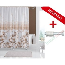 Resim Kahverengi Çiçekli Boru Hediyeli Banyo Perdesi Borulu Kahverengi 