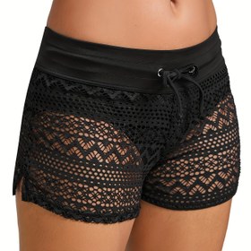 Resim Kadınların Düşük Bel Nefes Alabilen File Yüzme Şortları - Siyah Düz Renk Plaj ve Havuz Şortları, Plaj Giyimleri için Orta Esneklik, Spor Yüzme Giyimleri | İpli Bel Bandı | File Kumaş 