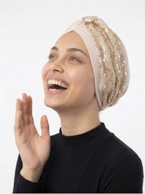 Resim elysianfidan Özel Tasarım Bej Etnik Motifli Astarlı Hazır Türban Tesettür Abiye Bone 