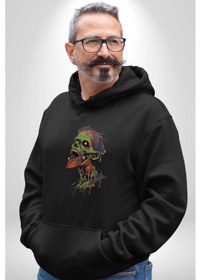 Resim Zombi Kafası Kadın Erkek Siyah Kapüşonlu Sweatshirt Hoodie Siyah 